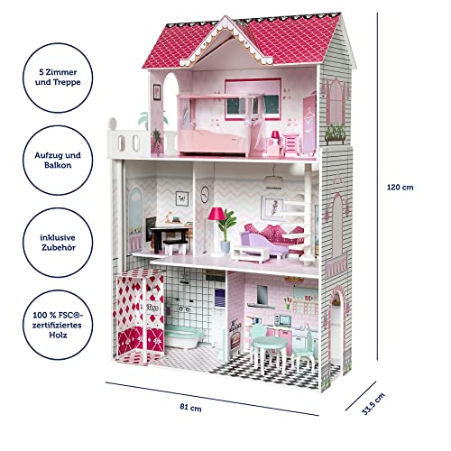 myToys ORIGINALS Puppenhaus mit 13 Möbeln, pink, 5 Zimmer und Treppe, manuell betriebener Aufzug und Balkon, mit 13… – Bild 3