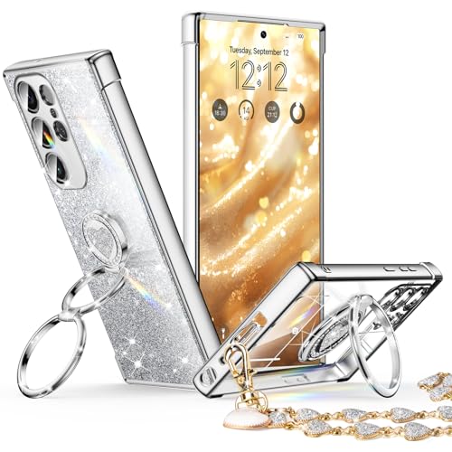 Image of XYZ for Samsung Galaxy S24 Ultra Case with Stand, Galaxy S24 Ultra Case with Double Ring, Women Girls Bling Luxury Glitter Clear Phone Case Cover Heart for Samsung Galaxy S24 Ultra, Silver | Galaxy S24 Ultra Case