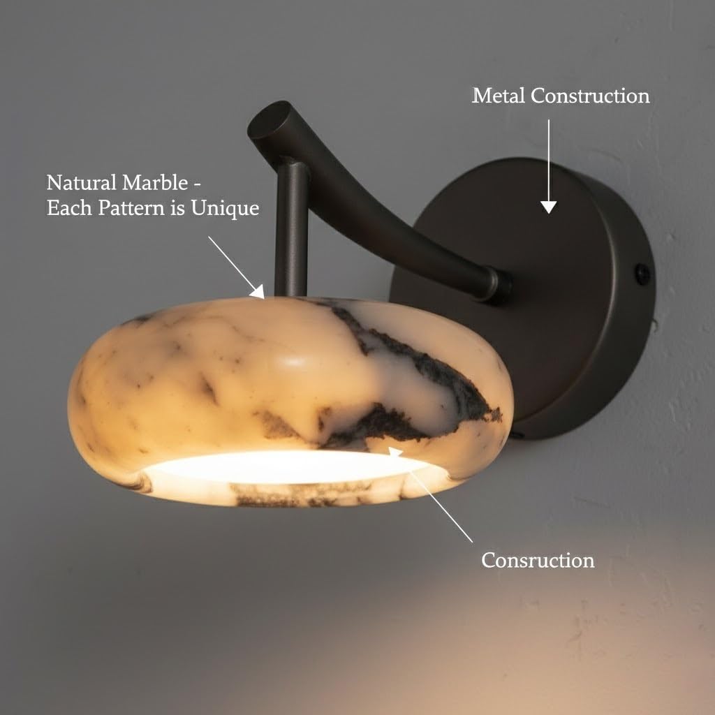 Accent Wall Sconce, Round Marble Wall Light, Stone Lamp for Bedroom, Bedside, Hallway, Living Room, Entryway, Minimal Fixture, Apartment Home, Corridor, Foyer Accent, Tea Nook Parlor
