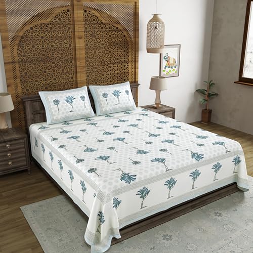 Image of BLOCKS OF INDIA Hand Block Printed 200 TC Cotton Super King Size Bedsheet(106 x 106) (Grey Tree)