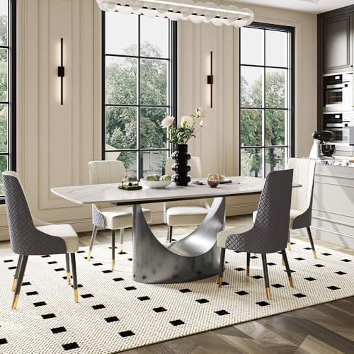POVISON 94" Hobart Modern Dining Table for 8-10, Matte White Rectangle Dining Table, Sintered Stone Dining Tabletop with U-Shape Carbon Steel Pedestal (Table Only) - Image 5