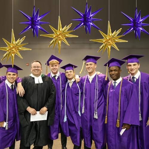 Image of TONIFUL 8 Pcs Explosion Star Balloons Purple Gold Foil Balloon Party Decor | 22 Inch Large Mylar Star Balloon for Adult's Birthday New Year Winter Holiday Mardi Gras Basketball Themed Party Supplies