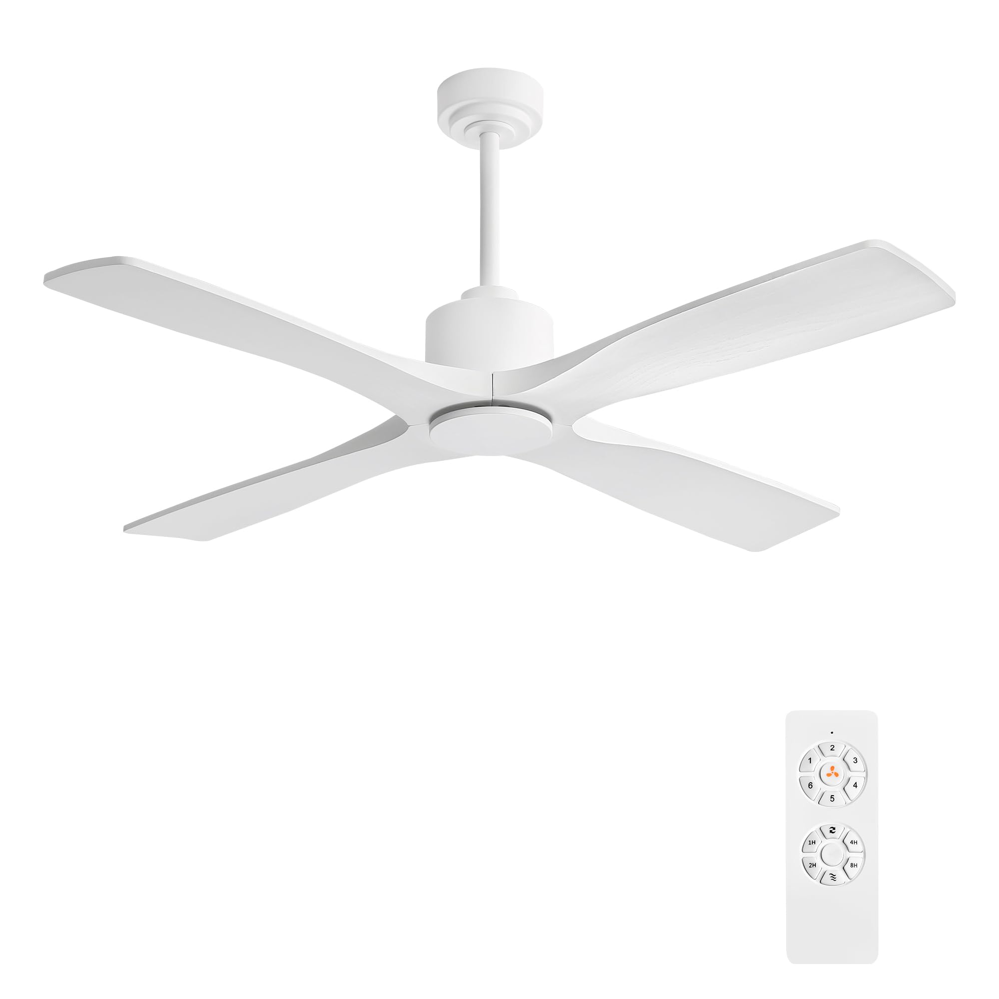 WINGBO 54" DC Ceiling Fan without Lights, 4 Carved Solid Wood Blades, 6-Speed Noiseless Reversible DC Motor, Modern Ceiling Fan No Light with Remote, Gloss White Finish with White Blades, ETL Listed