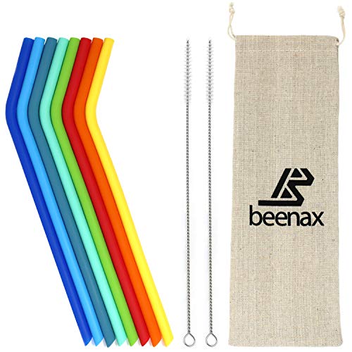 Beenax 8Pcs Silicone Reusable Straws - Regular Size Food Grade Silicone with 2 Cleaning Brushes and Linen Cotton Bag - Eco Friendly Alternative to Plastic Straws - Perfect for Tumblers & Smoothies