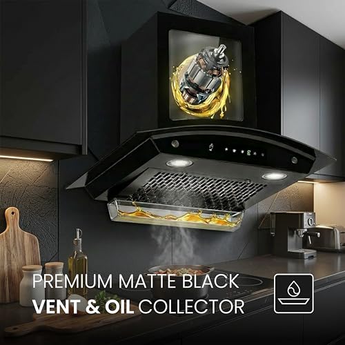 Image of Cadlec CurveFlow 60cm Filterless Curved Glass Kitchen Chimney | 1400 m /hr Powerful Suction | Auto Clean with Oil Collector | Feather Touch + Gesture Control Technology | 20-Year Warranty | Black