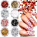 Mini Heart Nail Glitter Sequins, 8PCS Holographic Laser Heart & Star Nail Flakes Sparkly Shining Starry Love Nails Paillettes for Women Girls Acrylic Nail Art DIY Decorations Charms