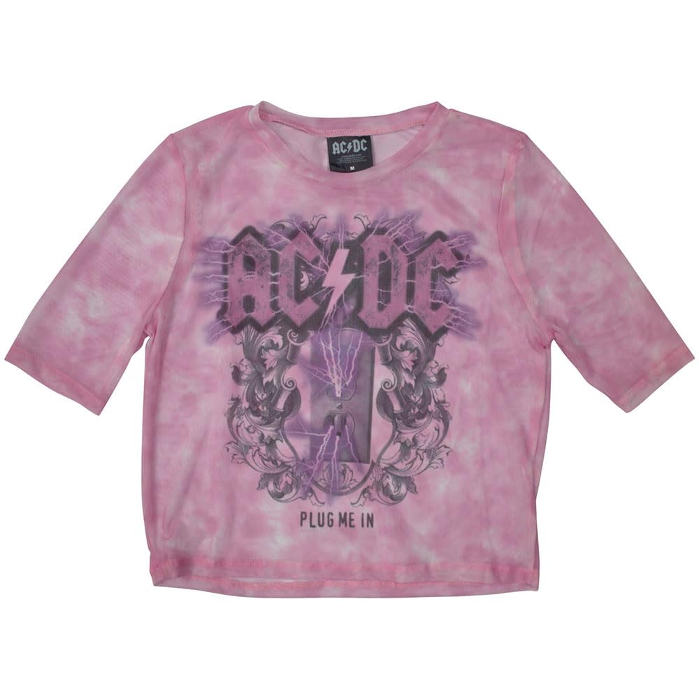 AC/DC Plug Me in Long Sleeve Mesh Crop Top L Pink