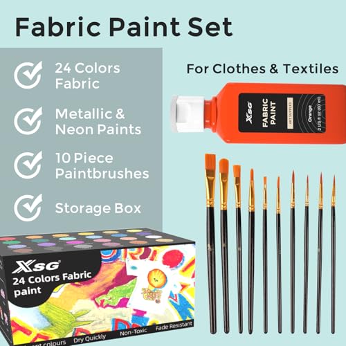 XSG Textilfarbe Waschmaschinenfest-24 Farben Set x 60ml-Acryl Stoffmalfarben Permanente und Waschfest für adult auf T-Shirt, Schuhe, Jeans, Tasche, Kleidung,mit 10 Pinsel,Vorlagen
