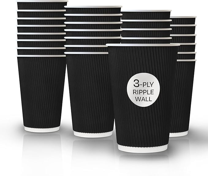 We Can Source It Ltd – 12oz Disposable Kraft Ripple Paper Cups – Insulated Black Paper Cups with 3 Ply Construction – for Tea, Coffee, Hot Drinks – 150Pc