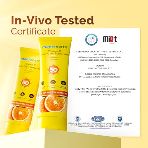 Image of Mamaearth Vitamin C Daily Glow Sunscreen with Vitamin C & Turmeric for Toxin free Sun Protection - 125g | SPF 50 & PA++++ | Vitamin C for Glow | Turmeric Detans | In-Vivo Tested | Natural Goodness | Quick Absorbing