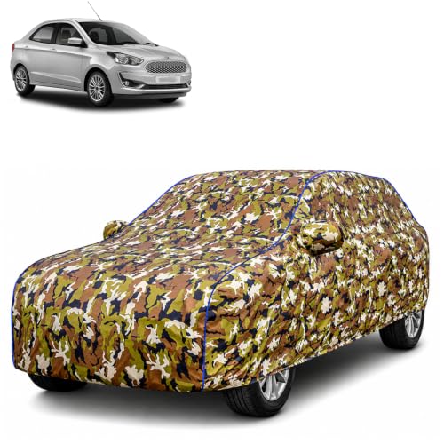 Image of Waterproof Car Body Cover for Ford Aspire with Mirror Pocket| Cotton Inner Lining | Triple Stitched | All Weather Protection | Dust, UV & Rain Proof (Camouflage with Blue Piping)
