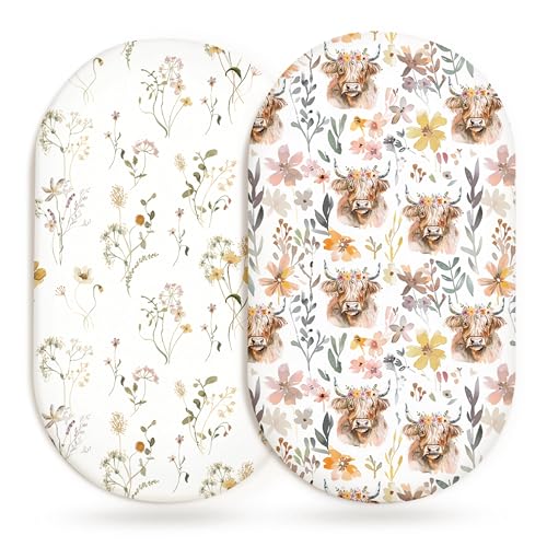 Image of Bassinet Sheets for Baby Girls Boys 2 Pack, Fitted Baby Mattress Sheet for Rectangle, Oval, Hourglass Bassinet Mattress, Breathable Cozy & Universal Fit (Cottage Cow, Bassinet Sheet)