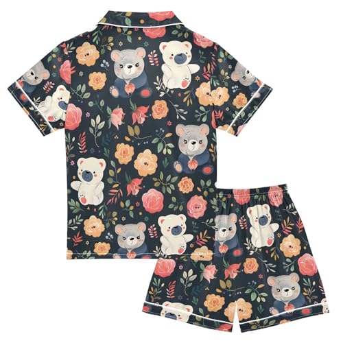 ALAZA Cute Bear Rose Flower on Black Pajamas Satin Pajama Set Short Sleeve Button Down Sleepwear2