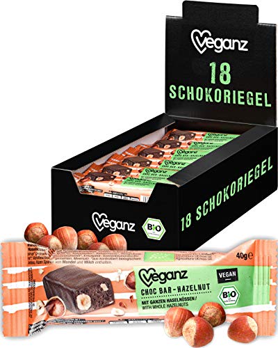 Veganz BIO Choc Bar hazelnoot in pure chocolade - Vegan chocoladereep met hele, geroosterde hazelnoten - 18 x 40g