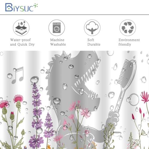 Image of Dinosaur Shower Curtain Funny Dino Sing Bathe Behind Wildflowers Trex Silhouette Shadow for Kids Bathroom Home Decor Waterproof Polyester Fabric 72Lx60W Inch with Hooks