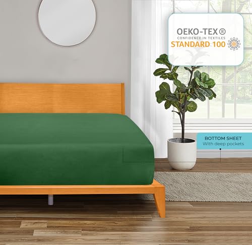 Image of ROYALE LINENS 300 Thread Count 100% Long Staple Combed Cotton Fitted Sheet Full - Super Soft Deep Pocket Bottom Sheet - Fitted Sheets Only - Elastic Sheets (Full, Hunter Green)