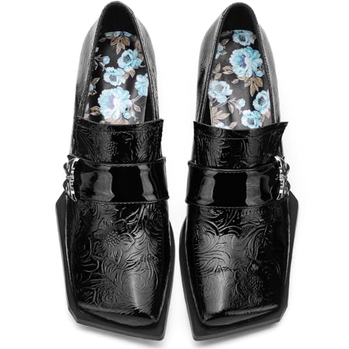 Image of Loafers for Women Patent Leather Buckle Square Toe Chunky Block Dress Slip On Wide Casual Comfortable Dressy High Heels Ladies Comfort Moccasins Elegantes 2 Inch Shoes