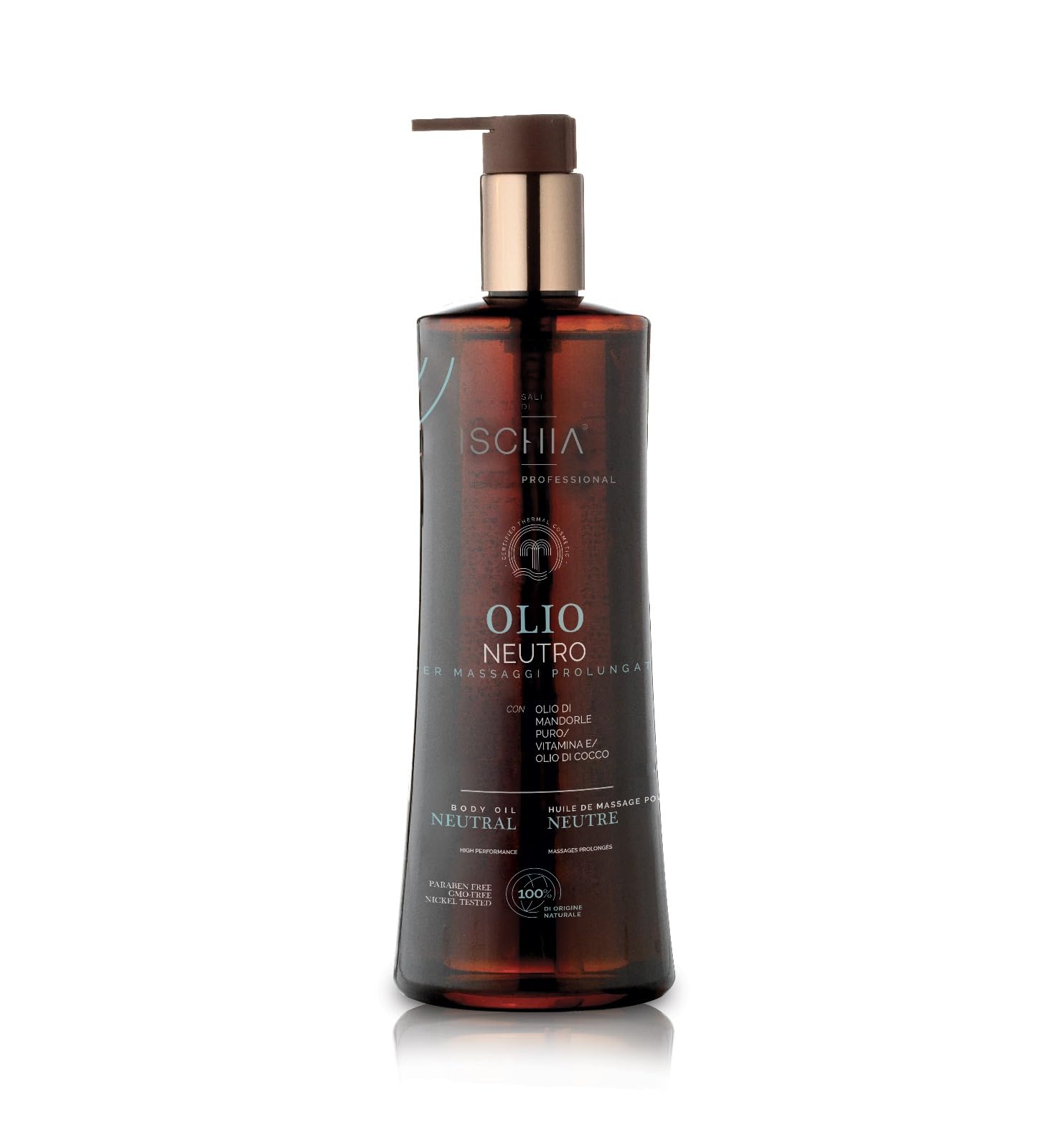 Sali di Ischia Pro [500 ml] - Olio Neutro da massaggio professionale - con mandorle dolci 100% naturale, olio di cocco, Vitamine E - Privo di profumo - adatto a pelli sensibili e delicate.
