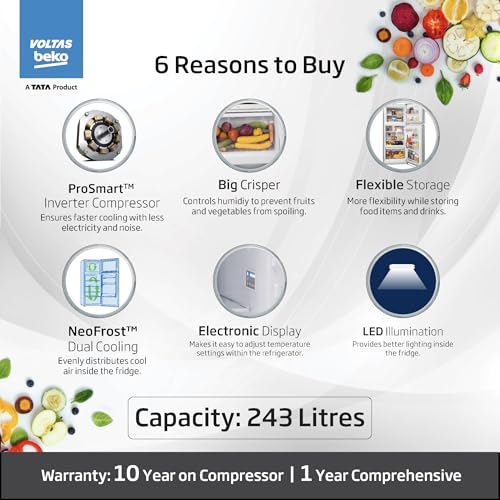 Image of Voltas Beko, A Tata Product 243 L, 2 Star, 6-in-1 Adjustable Frost Free Inverter Double Door Refrigerator (RFF280D / WPXIR0I0000GO, Brushed Silver)