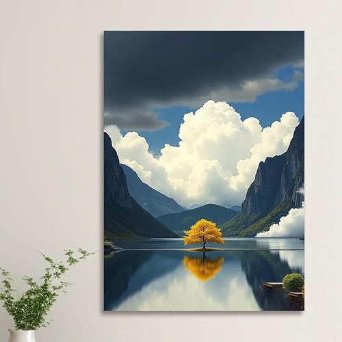 JKEVCBIAX Serene Lakeside Scenery Canvas Print-Tranquil Nature Reflection with Solitary Tree and Distant Mountains Modern Home Decor(21x30cm/No frame)