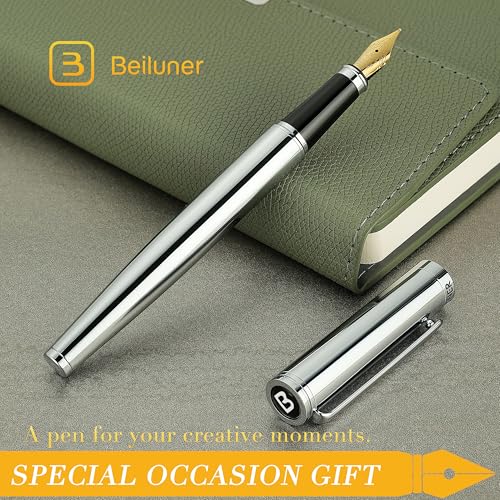 Image of BEILUNER Silver Fountain Pen,Stunning Luxury Pens with Bright Silver Chrome, Gorgeous 24K Gilded Nib(Medium), Fancy Pen Gift for Men&Women -Ink Converter-Elegant, Office,Nice Pen for Writing
