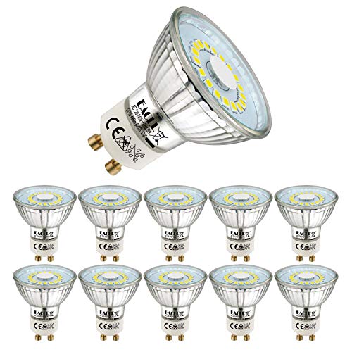 EACLL Bombillas LED GU10 6000K Blanco Frio 5W Fuente de Luz 495 Lúmenes Equivalente 50W Halógena. AC 230V Sin Parpadeo Focos, 120 ° Spotlight, Luz Diurna Blanca Fría Lámpara Reflectoras, 10 Pack