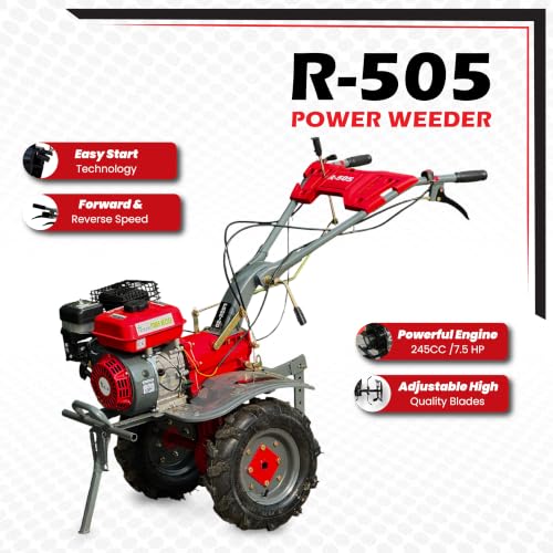 Image of RBW Power Weeder Machine for Agriculture 4 Stroke | 7.5 HP Petrol Engine 245cc Heavy Duty Power Weeder Plough,Cultivator Blades Attachments for Soil Preparation, Weeding, Farming & Garden (R-505,Red)