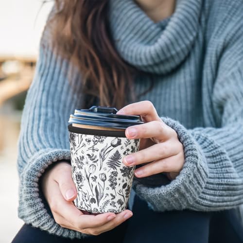 Image of Reusable Insulated Sleeve for Iced Coffee Cup, 3-Pack Coffee Neoprene Drink Sleeve for Cold & Hot Drinks, Beverage Holder for Iced Coffee (Black Fern Florals)