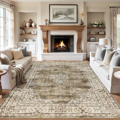 Area Rugs 9x12 Living Room: Washable Rug Vintage Large Soft Boho Floral Non-Slip Carpet Indoor Floor Stain Resistant Thin Carpets for Bedroom Dining Room Farmhouse Nursery Home Office - Brown Grey