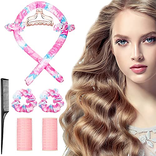 7 Pieces Heatless Curling Rod Headband Curling Rod Sets, Includes No Heat Curls Silky Ribbon Hair Rollers, Hair Scrunchies, Hair Clip, Rat Tail Comb and Heatless Tiny Curls Rod (Tie-dye Series)