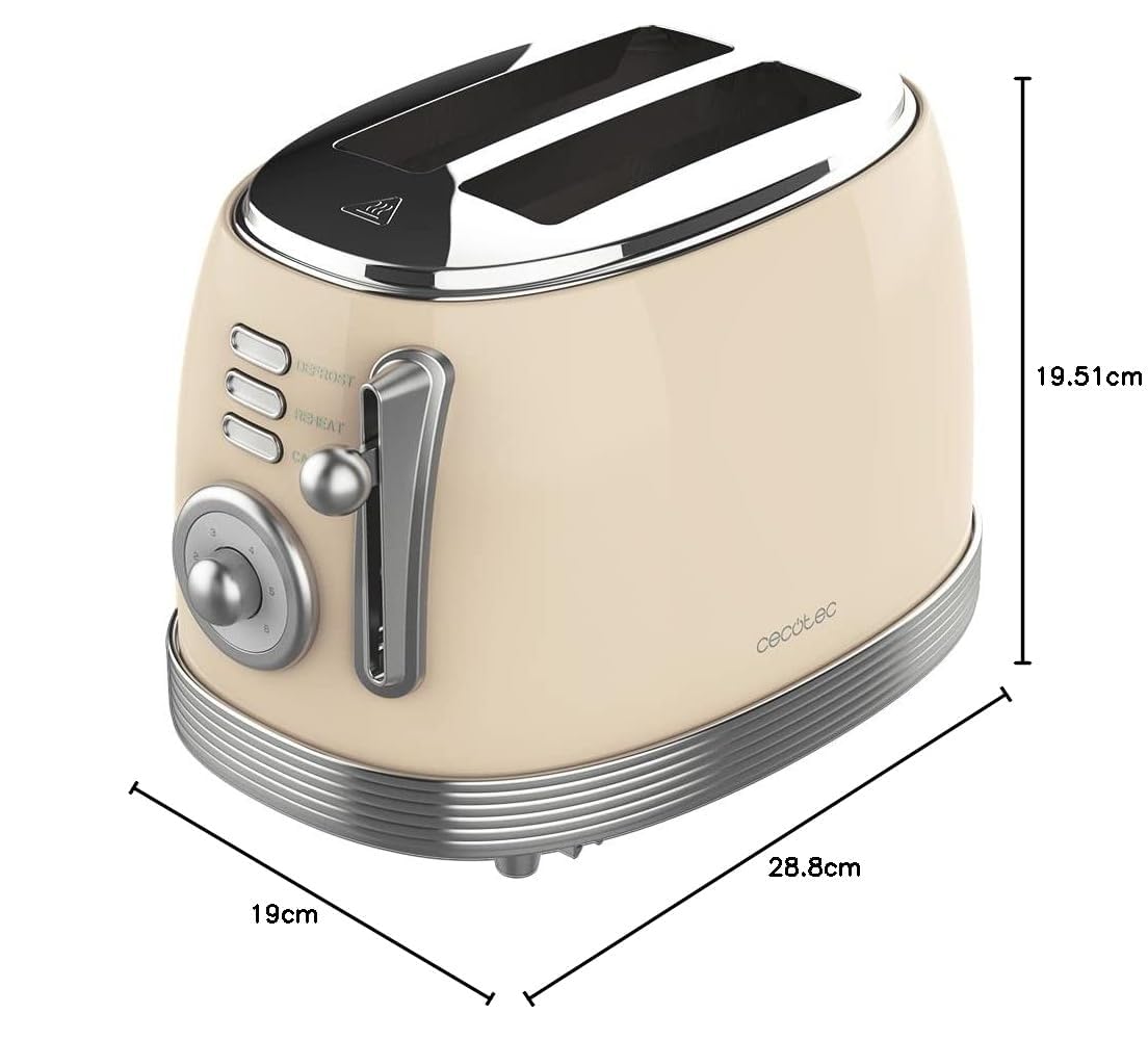 Cecotec Toast & Taste 800 Vintage Light Beige. 850 W, double fente courte extra large de 3,8 cm, 2 toasts, finitions en acier inoxydable, style vintage, 3 fonctions, beige