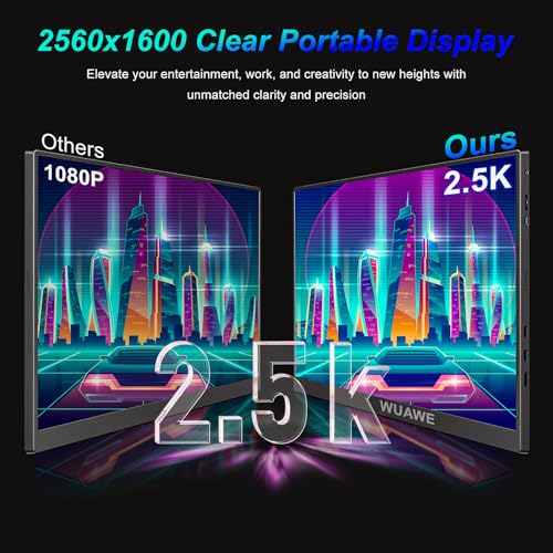 Image of WUAWE Portable Monitor 16 inch 16:10 IPS Travel Monitor for Laptop, 100% sRGB Control USB-C HDMI,HDR Freesync Display, Plug&Play for Phone PS5 Switch (2.5K|144HZ, Black, 16inch)