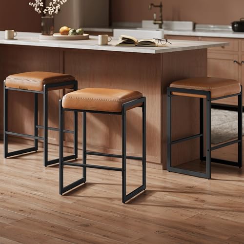 VASAGLE EKHO Collection - Bar Stools Set of 3, Counter Height Bar Stools, Synthetic Leather with Stitching, Mid-Century Modern Counter Stools, 26-Inch Tall, Kichen Home Bar Dining Room, Cara