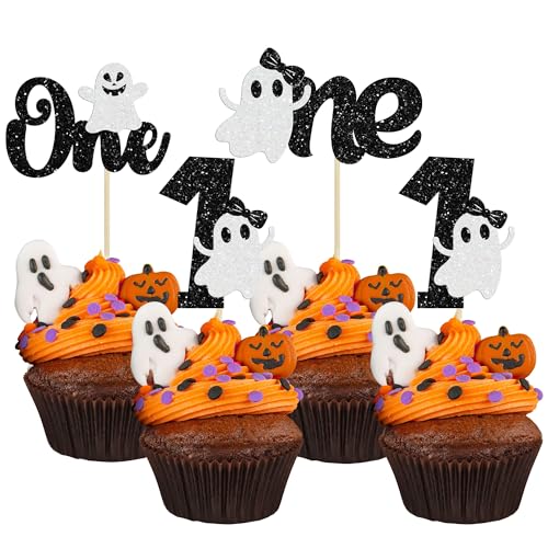 Gyufise 24Pcs Ghost 1st Birthday Halloween Cupcake Toppers Glitter First Birthday Spooky One Cupcake Pick Decorations for Halloween Theme Baby Shower Kids 1st Birthday Party Supplies