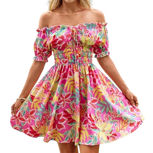 Image of Womens Summer Boho Dress Off-Shoulder Floral Mini Pleated Skirt Beach Vacation