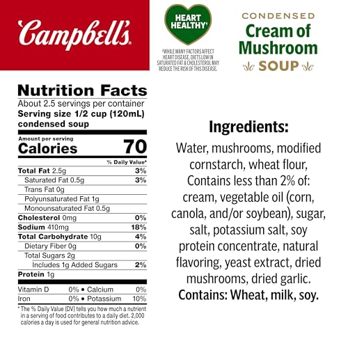 Image of Campbell's Condensed Heart Healthy Cream of Mushroom Soup, 10.5 oz Can (12 Pack)