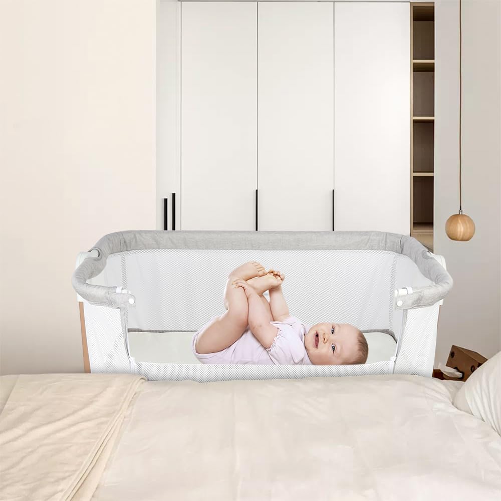 homewell 3 in 1 Babybett, Beistellbett Baby & Stubenwagen, Verstellbarer Co-Sleeper, Höhenverstellung und Einstellung der Neigung der Matratze, 4 Räder mit Bremse