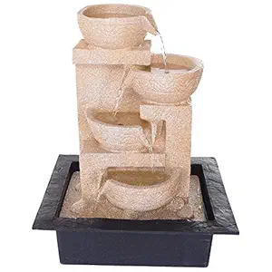 CHRONIKLE Polyresin Table Top Cream Color Designer Indoor 4 Diya Steps Waterfall Fountain for Home Decor with Yellow LED & Water Flow Controller Pump (Size: 38 x 29.5 x 22CM | Weight: 2000grm)