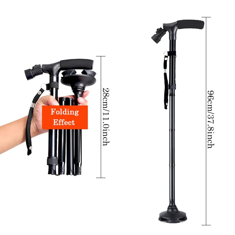 NGD Bastón Cuadrípode de Aluminio-Regulables en Altura,Muletas para Caminar Plegable Antideslizante con Luz LED,Muletas Ortopédicas para Hombres Mujeres y Adolescentes (Color : Black)