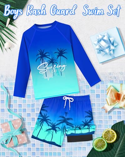 Image of Boys Rash Guard Swim Set with Swim Trunks Bathing Suit Long Sleeve Swim Shirt Quick Dry Swimsuit Kids Swimwear Size 7-16