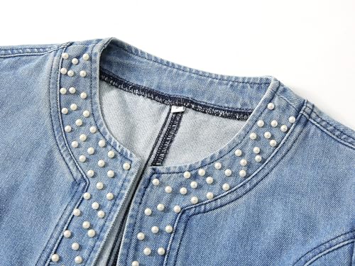 Kedera Women's Pearl Denim Jacket Long Sleeve Collarless Rivet Short Denim Coat with Pockets3