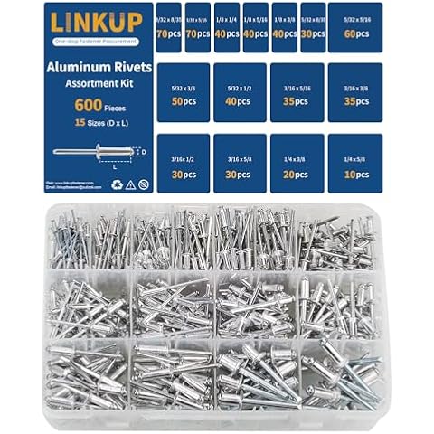 Linkup 600pcs 15 Sizes Pop Rivets Assortment Kit,Aluminum Rivets, Silver pop rivet set including 3/32" 1/8" 5/32" 3/16" 1/4" blind rivets for metal Dome Head rivet kit Cover