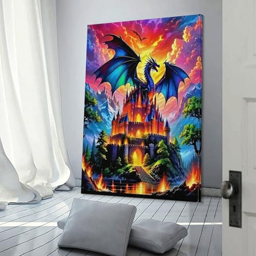 Murale dragon Château du rêve Peinture sur toile 40x60cm pour décoration maison