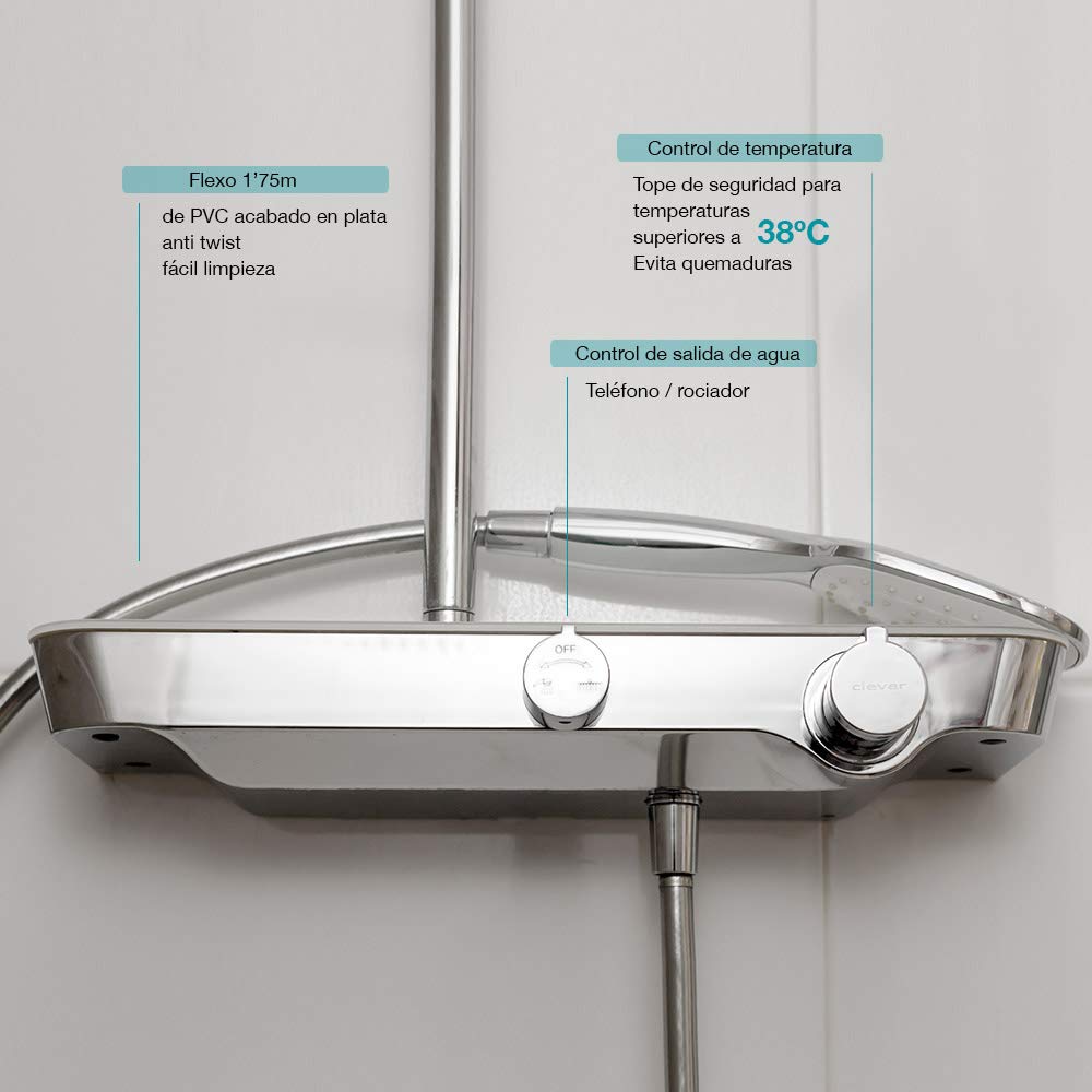 Nine Elegance - Columna ducha extensible termostática, incluye rociador, teléfono, flexo y soporte a pared