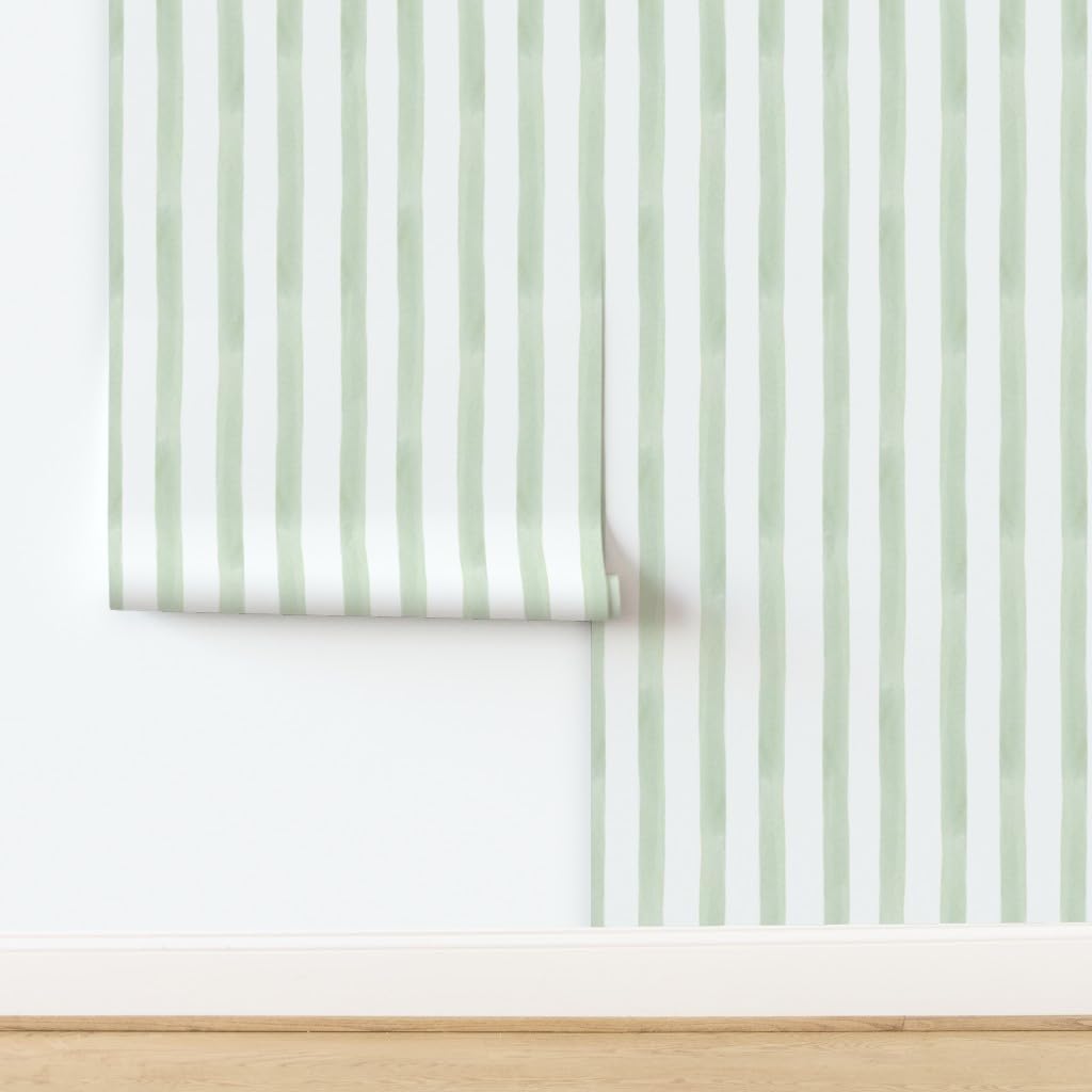 Peel & Stick Wallpaper 9ft x 2ft - Light Sage Stripe Celery Green Simple Minimal Modern Custom Removable Wallpaper by Spoonflower