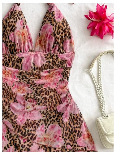 Image of SOLY HUX Women's Y2K Summer Beach Halter Mini Dress | Retro Floral Dress, V Neck, Backless, Club Nightout, Sexy Going Out Clothes, Birthday Dress