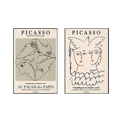 Picasso Peinture Abstraite Paix Colombe Femme Visage Affiches Vintage Picasso Femme Portrait Murale Art Salon Picasso Affiche Decoration 50x70cmx2 Pas de Cadre