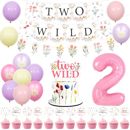 Cheereveal Wildflower 2nd Birthday Decorations, Two Wild Banner Cake Toppers, Wildflower Garland, Floral 2nd Birthday Balloon Decorations for Girls, Flower Theme Bday Party Supplies