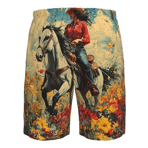 Mens Swim Trunks Board Shorts Quick Dry Shorts with Pockets - Cowgirl Patterns Vintage Art4