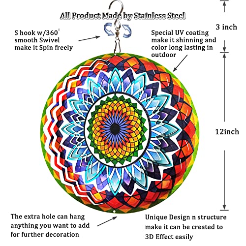 Image of FONMY Wind Spinner Mandala Sun Flower 12 inches - 3D Stainless Steel - Laser Cut Metal Art Geometric Pattern - Hanging Wind Spinner, Kinetic Yard Art Decorations - Indoor /Outdoor Decor